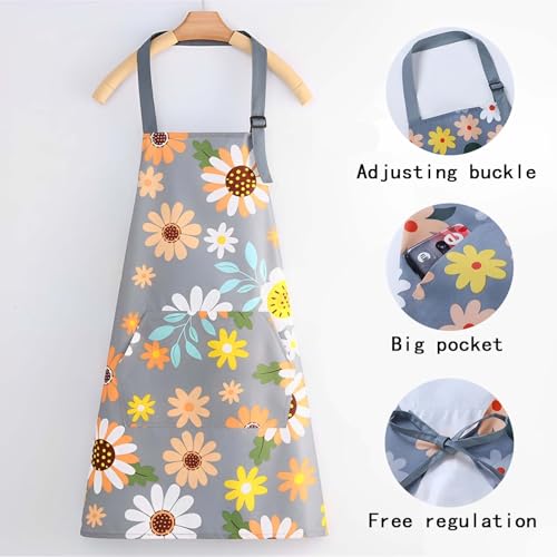 Floral Aprons with Pocket Blooming Floral Womens Waterproof Apron (Sunflower Grey)