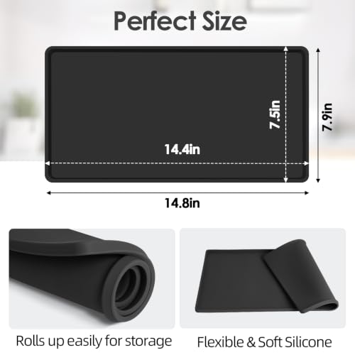 Silicone Coffee Maker Mat with Lip for Countertops (Black / 14.8'' x 7.9'')