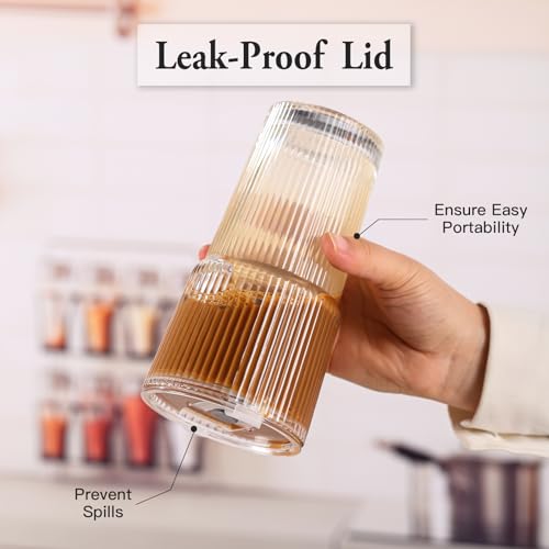 4PCS Ribbed Glass Cups with Lids and Straws (Crystal-4)