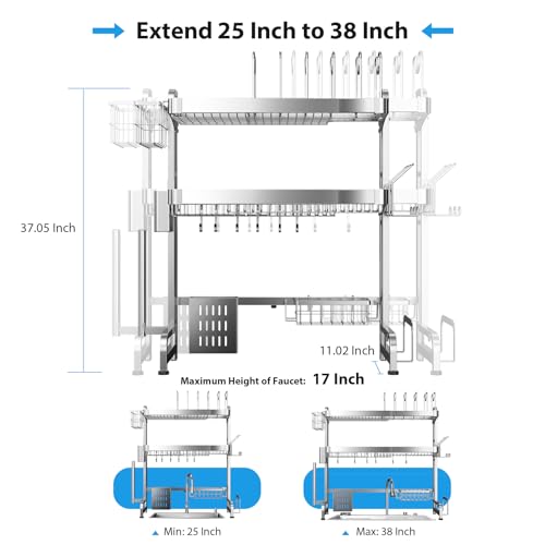Over The Sink Dish Drainer Drying Rack 3 Tier Adjustable Width (3 Tier)