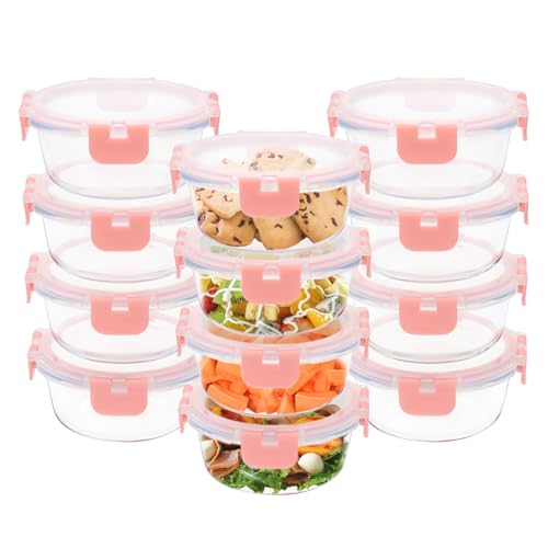 12pack 13oz Small Glass Food Storage Containers with Lids (13oz,12 Pack-Pink Set,Same Size)