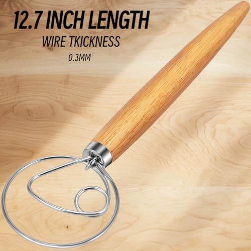 Danish Dough Whisk Wooden Handle Stainless Steel for Sourdough Bread (White Ash Wood 1-eye / 1 Pack)