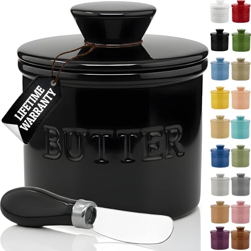 Large Butter Crock with Lid with Water Line (Black / Large)