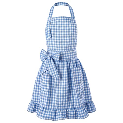 Vintage Apron Ruffle Dress Women 2 Pockets (Light Blue / Gingham)