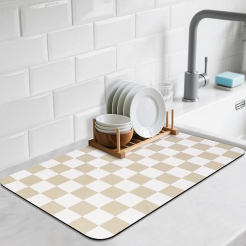 Checkered Dish Drying Mat for Kitchen Counter (Beige / 24" x 16")