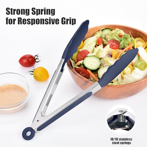 Kitchen Tongs with Silicone Tips for Cooking Serving (9in / Navy Blue)