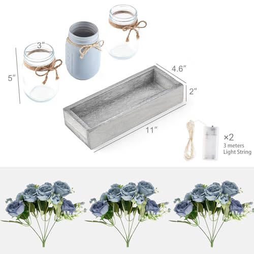 Mason Jar Lights Centerpieces for Tables Dining Room Farmhouse Decor (Grey Blue / small)