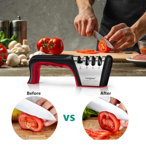 5-in-1 Knife Sharpener 4 Stage with Cut-Resistant Glove, Black+Red (Black+Red)