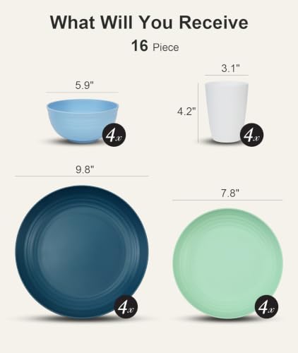 16 Piece Plates and Bowl Set for 4 (Blue / Service For 4)