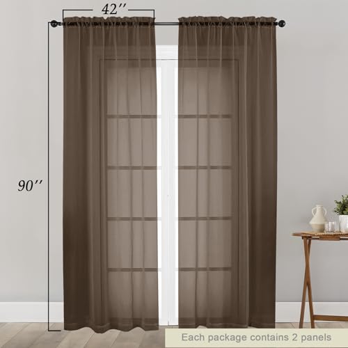 Sheer Chocolate Curtains for Bedroom Living Room 90 Inches Long 2 Panels Set (Chocolate / 42"W x 90"L (Pack of 2))