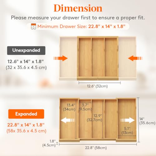 Bamboo Utensil Organizer for Kitchen Drawer (Natural / 12.6~22.8''W x 14'' D)