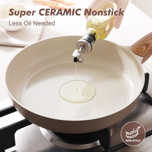 8inch Ceramic Nonstick Frying Pan Paella Pan with Lid (8 Inch / TAFFEE Taupe)