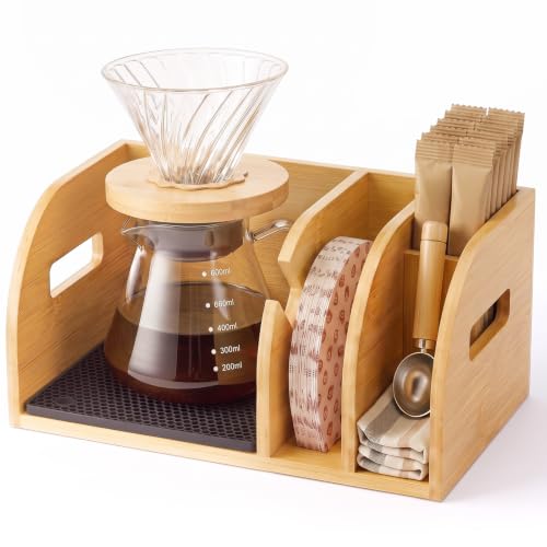 3-in-1 Bamboo Coffee Pour over Caddy Wood Coffee Bar Station Organizer