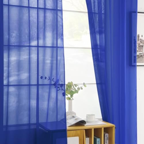 Basic Rod Pocket Sheer Voile Window Curtain Panels Sapphire 1 Pair 2 Panels 52 Width 18 Inch Long for Kitchen Bedroom Children Living Room Yard（Sapphire (Blue Sapphire / 52"W x 18"L (Pack of 2))