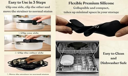 Clip On Strainer Silicone for Pots and Pans (Black)