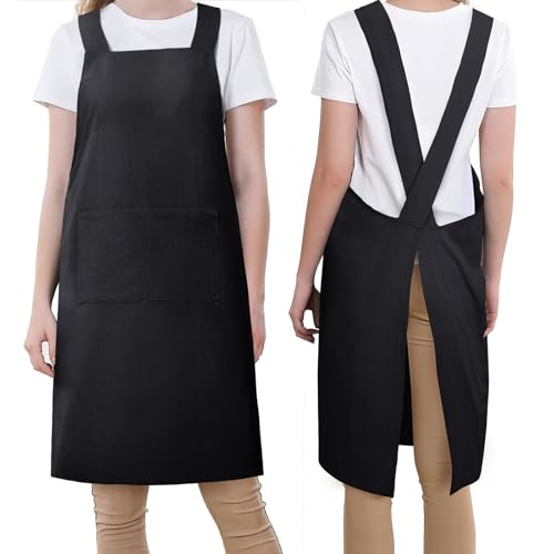 2 Pack Japanese Apron with Pockets Cross Back Aprons for Women Men Chef Kitchen Cooking Baking Pinafore Cotton Linen Black (Black)