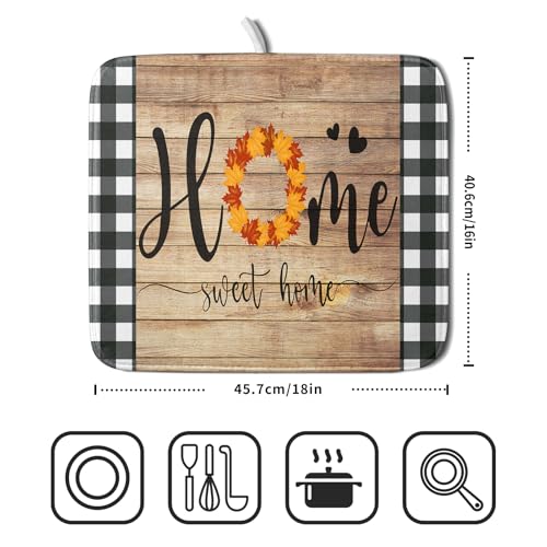 Home Sweet Home Dish Drying Mat 16x18 Inch Fall Autumn Maple Leaf Wreath Dish Drainer Mats Rustic Brown Wood Board Microfiber Dish Drying Rack Pad for Kitchen Countertop Farmhouse Decor (18" x 16")