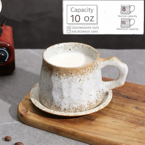 10oz Vintage Retro Handmade Ceramic Cappuccino Cup with Saucer (biege)