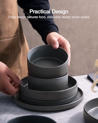 Star Stoneware Dinnerware Sets with Pasta Bowls (Matte Dark Charcoal)