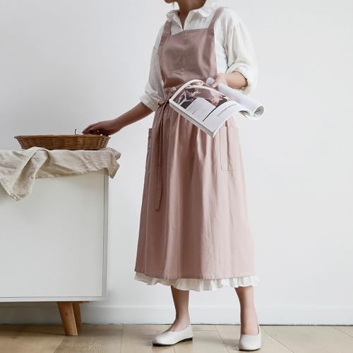 Apron Cute Dress for Women Frill Cross Back Cotton Linen Japanese Apron With Pockets Maid Pinafore Apron Housewife Garden Cooking Baking Pottery Pinafore Apron Dusty Pink Adult One Size (Dusty Pink Adult / One Size)