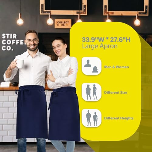Long Server Apron Black with 3 Pockets 28" Bistro Aprons Waterproof (1 PACK(34x28 Inches) / Navy Blue)