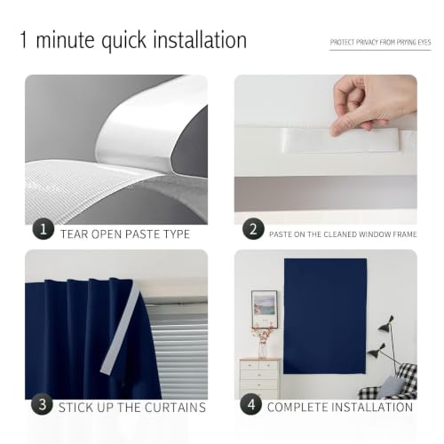 Self Adhesive Portable Blackout Curtains for Bedroom Easy to Install Window Thermal Lnsulated Kitchen Room Darkening Small Window Curtains (59"W x 71"L (Pack of 2) / Navy Blue)