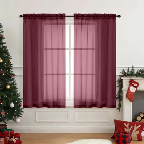 Burgundy Window Sheer Curtains 45 Inches Length (42"W x 45"L (Pack of 2) / Burgundy)