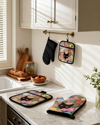 Cotton Oven Mitts and Pot Holders Sets (Floral Feline)