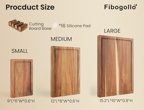 Set of 3 Acacia Wood Kitchen Cutting Boards with Holder (Wood-3pc-M / Brown)