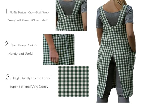 Women's Pinafore Square Apron Baking Cooking Gardening Works Cross Back Cotton (XX-Large / Plaid-green)