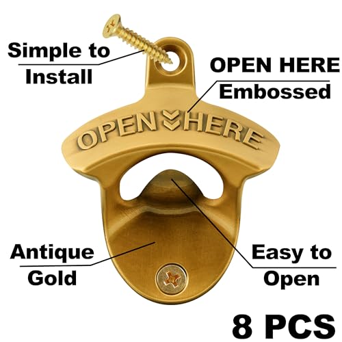 8 Packs Bulk Beer Opener Wall Mounted Vintage Gold Bottle Cap Opener for Gargae Kitchen Bar (Antique Gold)