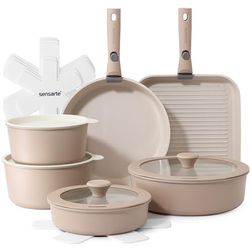 17 Piece Ceramic Detachable Handle Pots and Pans Set Almond Beige (Almond Beige / 17 Piece)