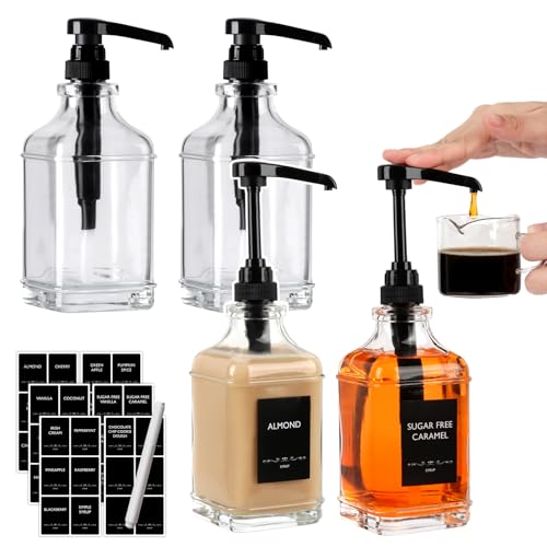 16 oz 4 Pack Glass Coffee Syrup Dispenser with 1 (Black Pump-4 Pack)