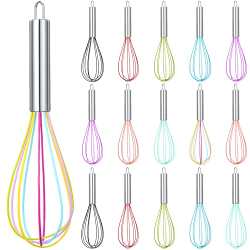 16 Pcs 8 Inch Whisks Bulk for Cooking Silicone Whisks Non Scratch Stainless Steel Hand Coated Metal Heat Resistant Egg Beaters for Classroom Cook Party Favor Gift Supplies (8 Inch)
