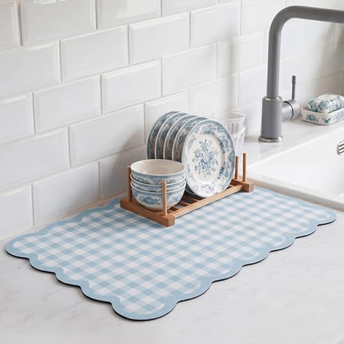 Blue Gray Scalloped Gingham Coffee Mat 12" x 20" (Light Blue / Gingham)