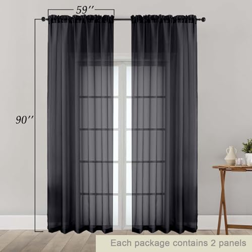 Black Sheer Curtains 90 Inches Long 2 Panels Set for Bedroom Living Room (Black / 59"W x 90"L (Pack of 2))