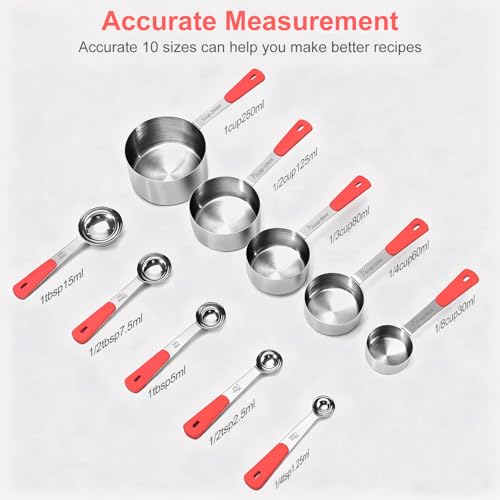 10 Pcs Stainless Steel Measuring Cups & Spoons Set (Red)