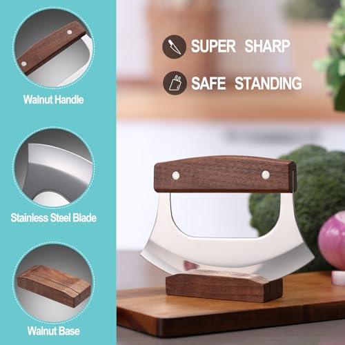 Ulu Knife with Stand for Cutter Pizza Meat Vegetables Herb Salad (Brown)