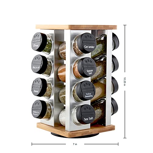 16 Jar Warner Revolving Countertop Spice Rack Organizer with Lift & Pour Caps and Spices Included (16-Jar Bamboo Revolving / 16-Jar)