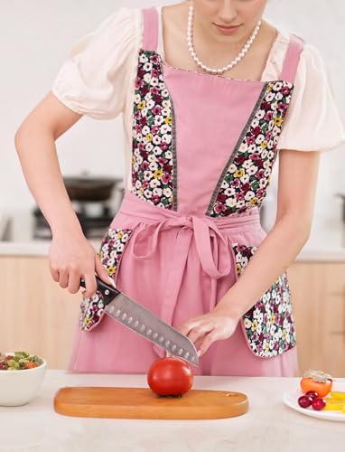 Kitchen Aprons for Women with Pockets Cute Floral Chef Pinafore Apron for Gardening Cooking Baking Painting (Pink)