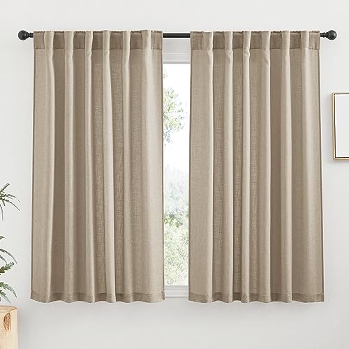 Linen Semi Sheer Curtains 63 inch Length for Living Room Office (Khaki / 52"W x 63"L (Pack of 2))