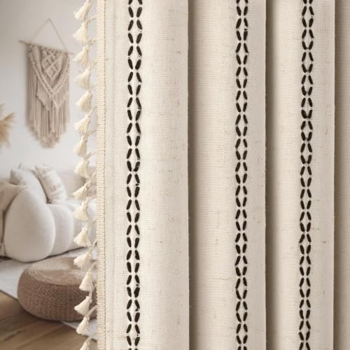 Beige 100% Boho Blackout Curtains 2 Panels with Tassels 52W X 82L (Black / 52"W x 82"L (Pack of 2))