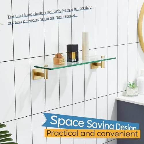 Wall Shelves Floating Shelf 20'' Gold Stainless Steel Bathroom Hardware Tempered Glass Hanging Rack Storage (Brushed Gold / 20-Inch(2 Pack))