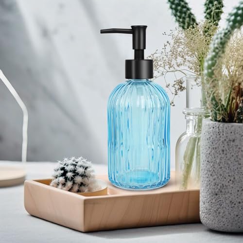 Stripe Glass Soap Dispenser with Black Plastic Pump (Plastic Pump / Light Blue)