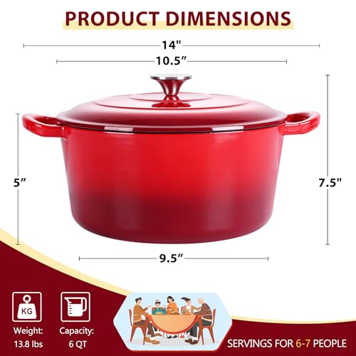 Enameled Cast Iron Dutch Oven with Lid (6 QT-Round / Red)