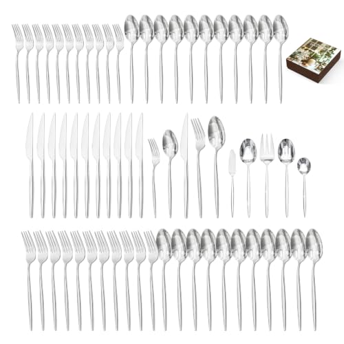 65 Piece Silverware Set for 12 with Serving Utensils (Silver / 65-Piece)