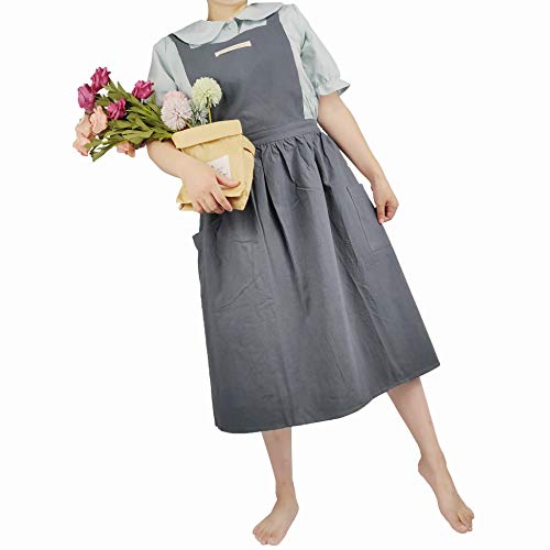 Women Girls Vintage Apron Adjustable Gardening Works Cross Back Cotton (Greengrey / Large)