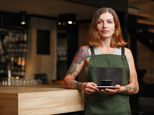 Black Apron in Canvas and Leather for Chef Work Bartender Barista Barber Shop Grill Master olpr. Made in USA (Blackbrown)