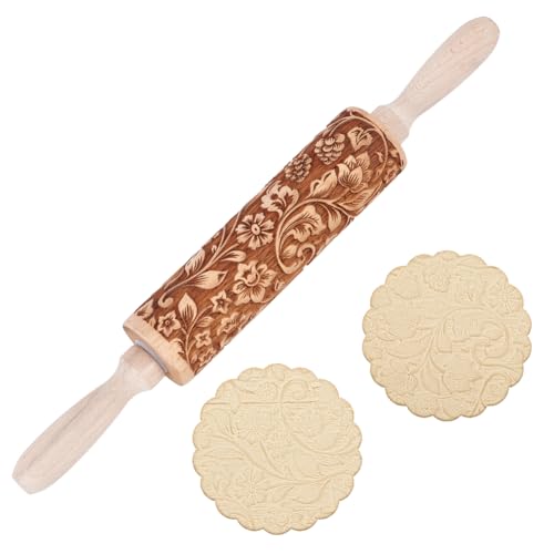 Embossed Wooden Rolling Pin Darker 3D Flower Rattan 35cm Rolling Pin for Thanksgiving Baking Biscuits DIY Kitchen Tool Baking Accessories Homemade Bakery Pastry Cookie Fondant Dough Pizza (dark grey)