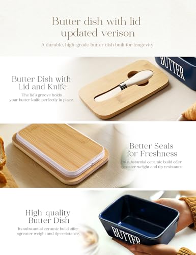 Ceramic Butter Dish with Lid and Knife & Silicone Seal for Countertop Blue (Blue)
